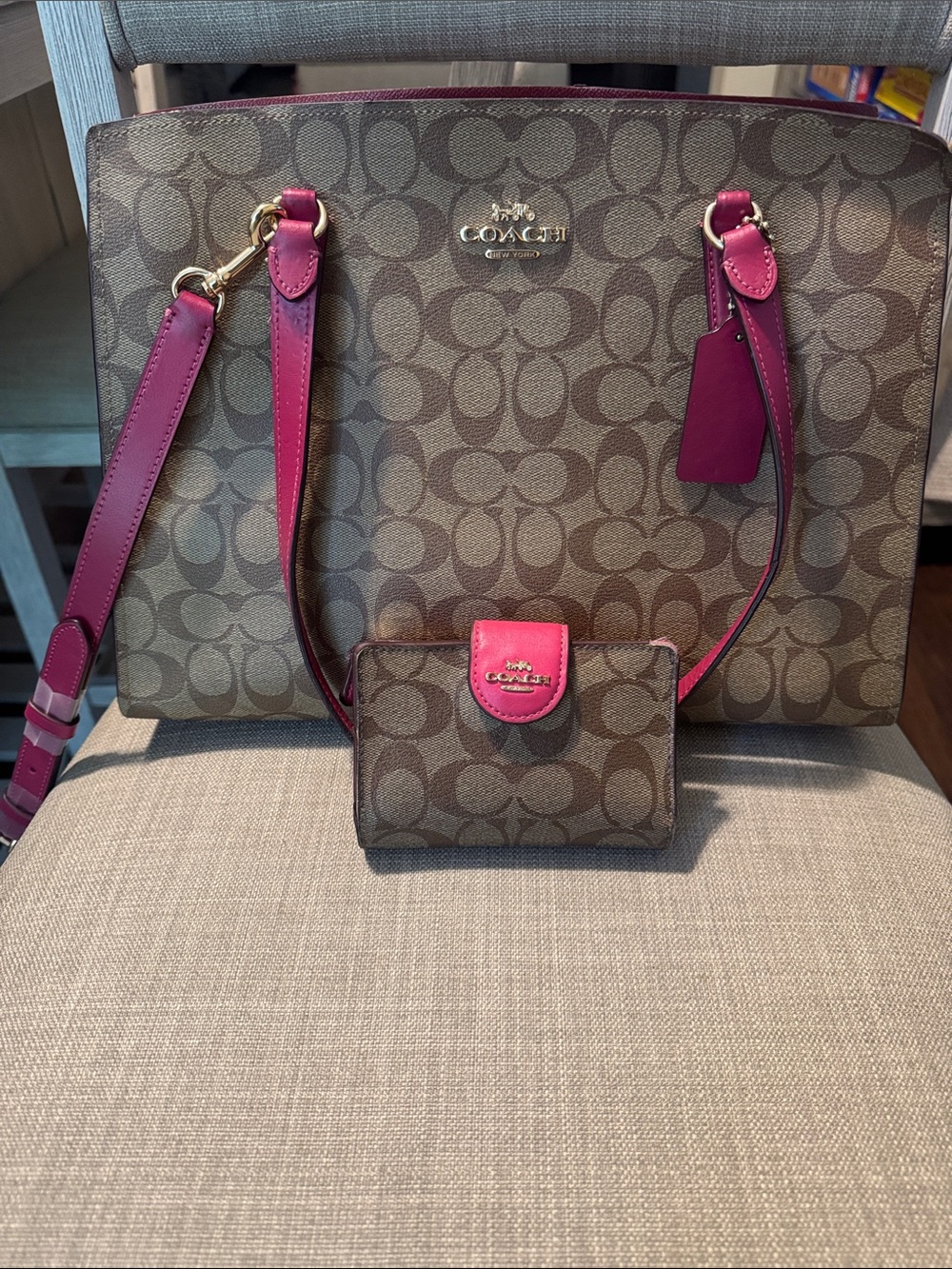 Coach Brown Signature Tote with Pink Accents